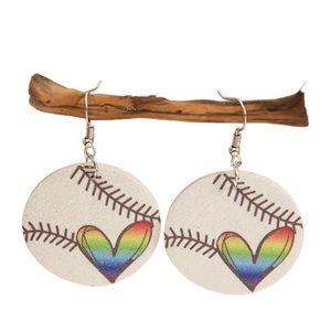 Leather Sparkly Rainbow Baseball Round Drop Earrings